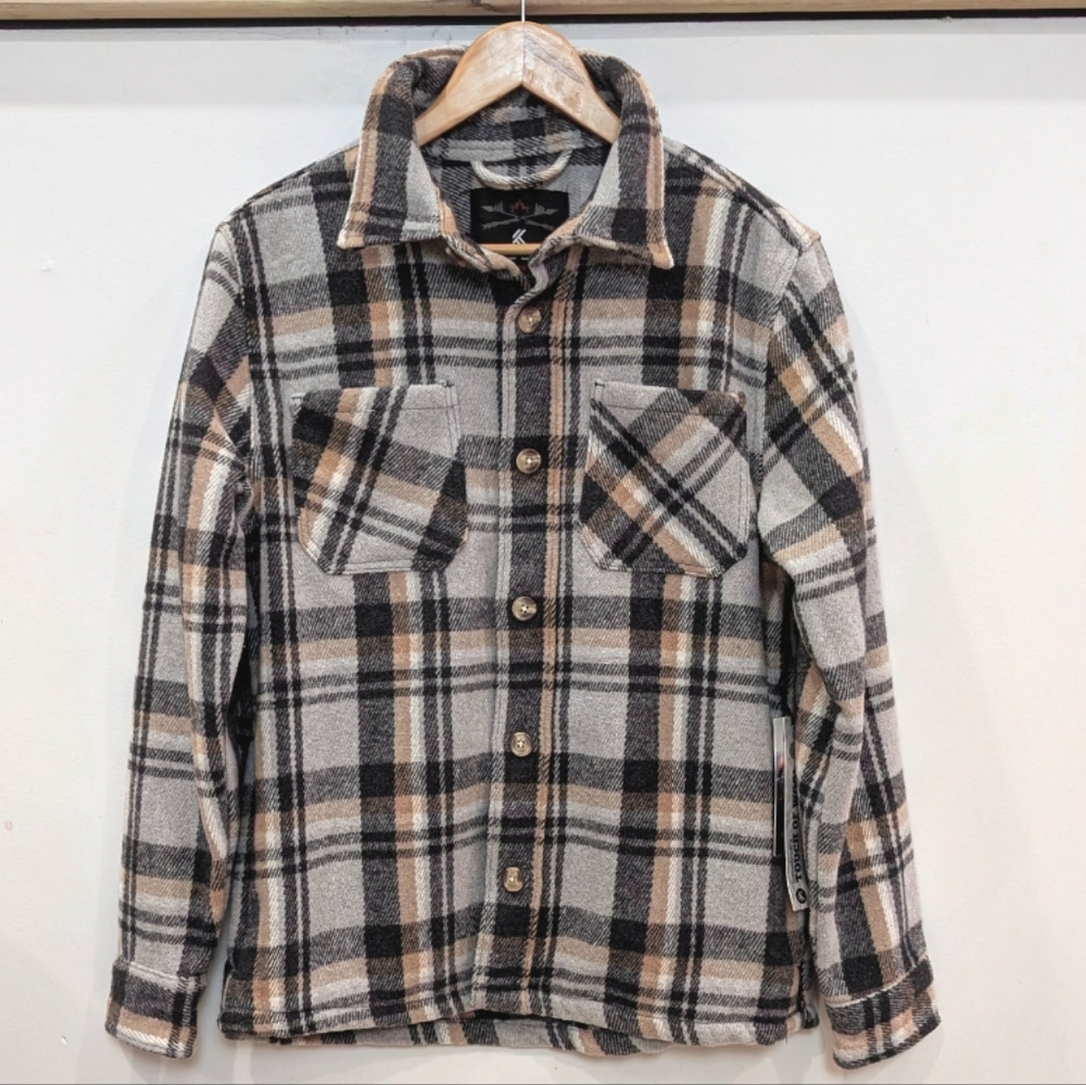 KYODAN | Men's Charcoal/Tan Plaid Wool Blend Button Up Flannel Shirt Jacket